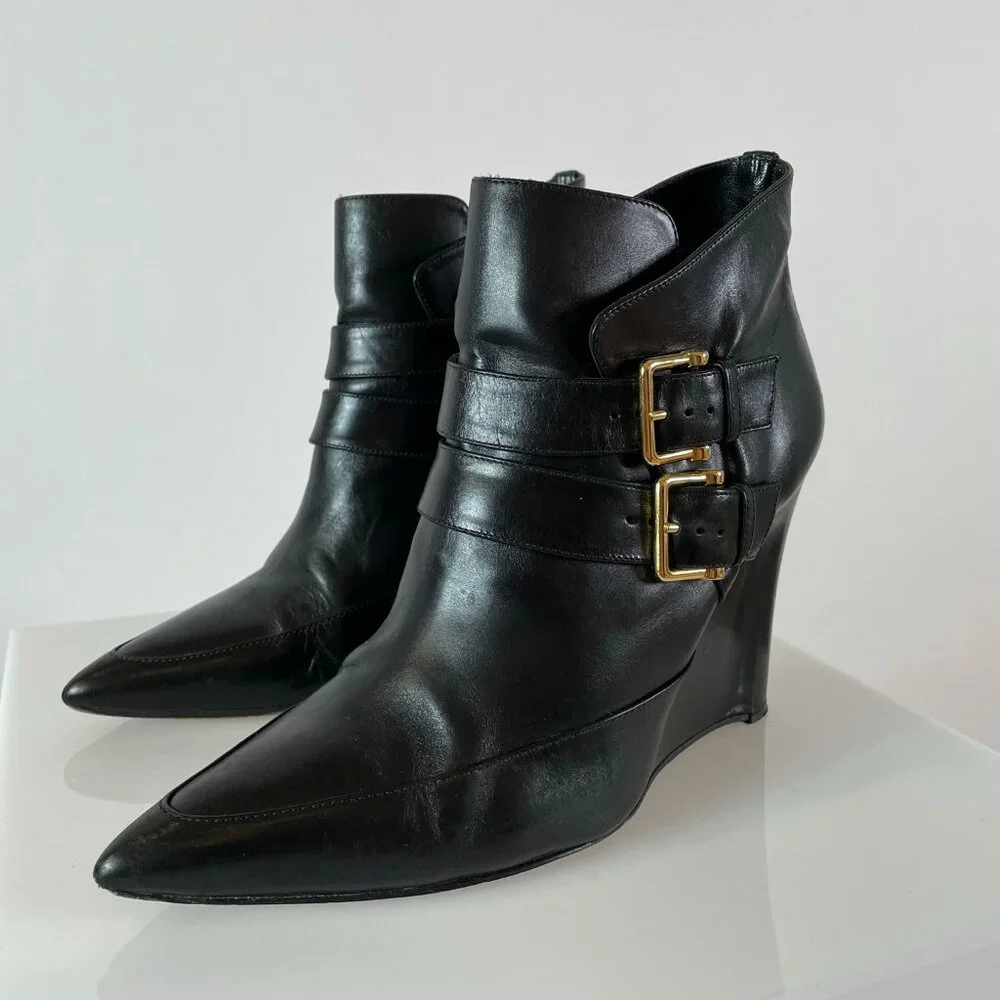 Minimalist | Derek Lam Black Leather Ankle Boot Wedge | Pointy Toe | Gold Buckle